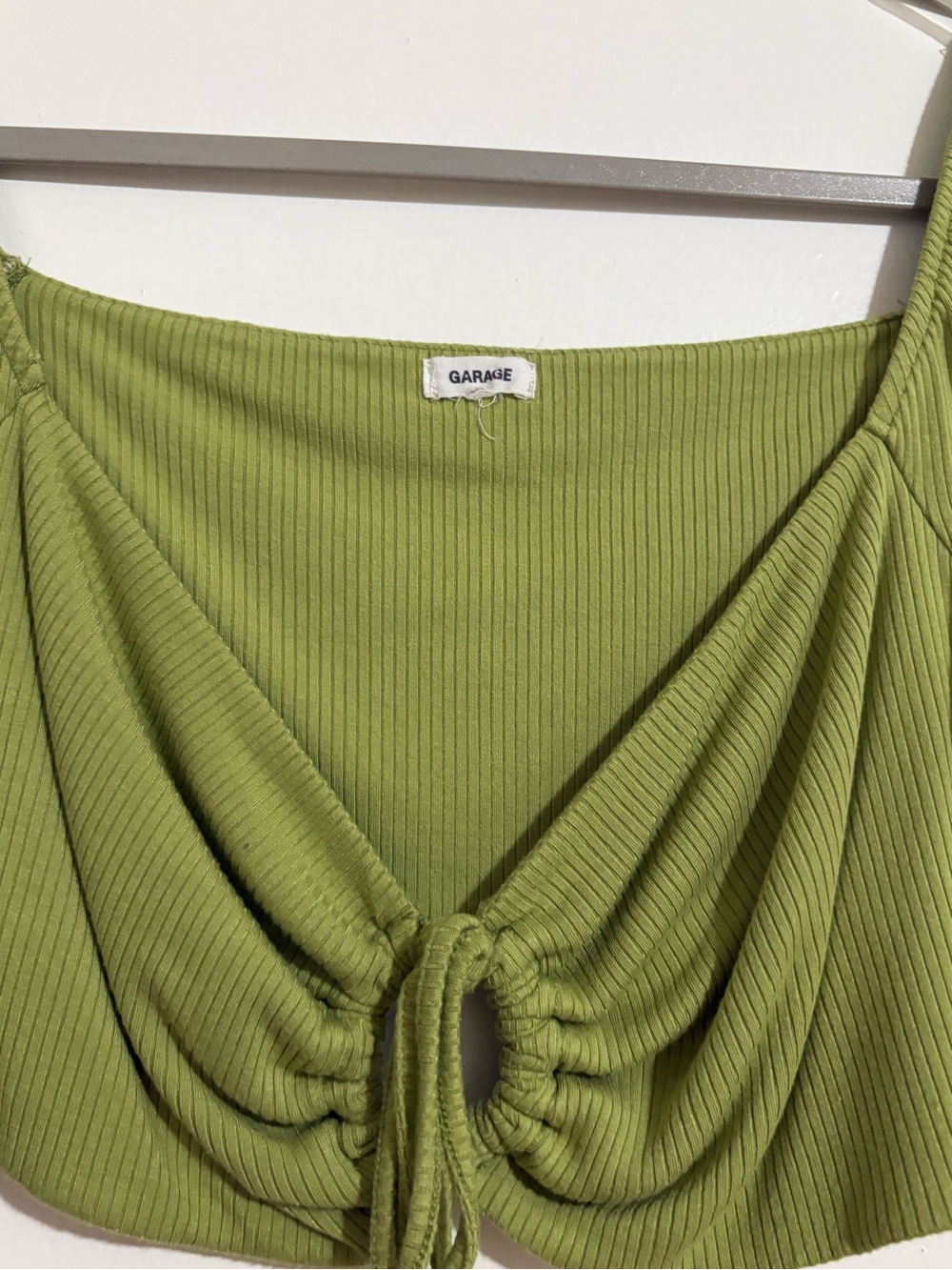 Garage Olive Ribbed Ruched Drawstring Crop Top - Picture 2 of 3